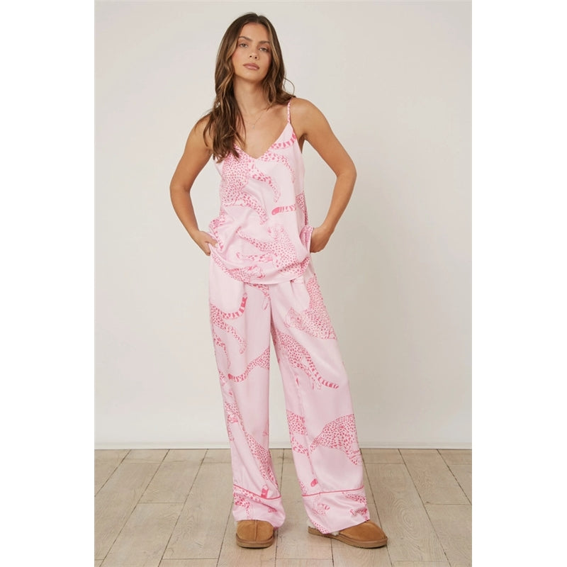 Summer Women Fashion V-Neck Tiger Cheetah Print Sling Home Pajamas Set