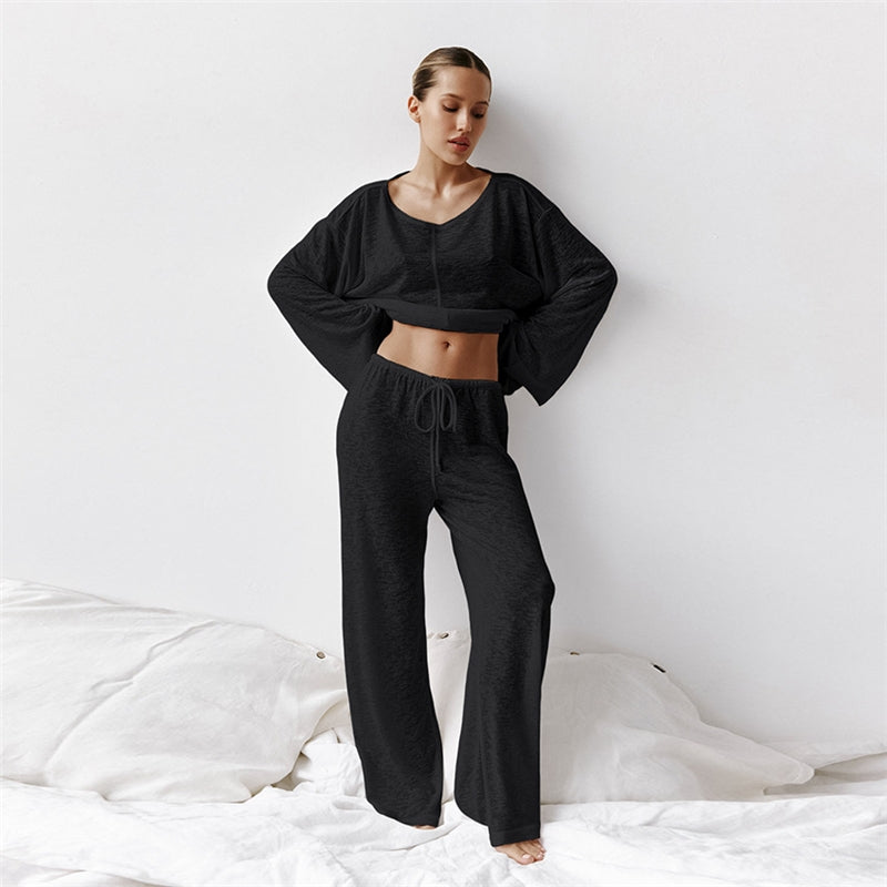 Women Fashion Casual Solid Color Knitted Long Sleeve Top Loose Pants Pajamas Two-Piece Set
