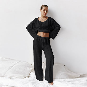 Women Fashion Casual Solid Color Knitted Long Sleeve Top Loose Pants Pajamas Two-Piece Set