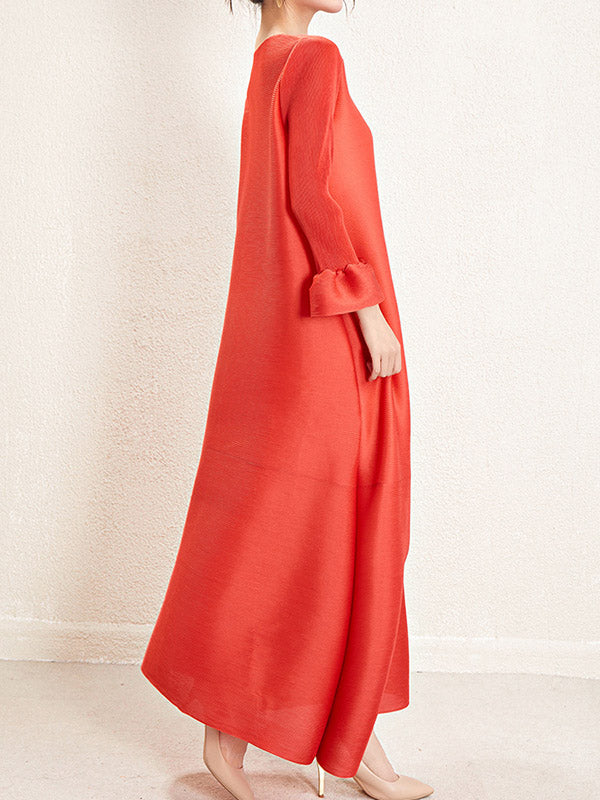 A-Line Loose Pleated Solid Color Round-Neck Maxi Dresses