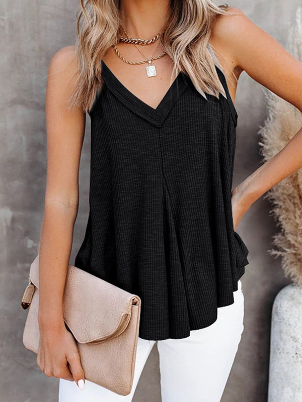 Loose Sleeveless Pleated Solid Color V-Neck Vest Top