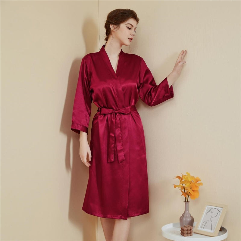 Women Fashion Solid Color Satin Long-Sleeve Lace-Up Loose Pajamas