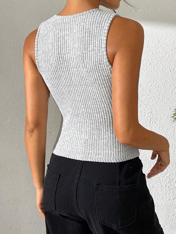 Skinny Sleeveless Buttoned Solid Color Round-Neck Vest Top