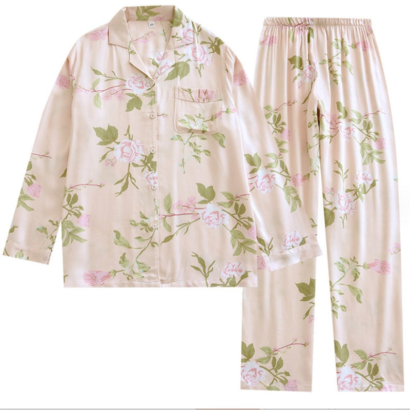 Women Casual Satin Cotton Floral Printed Lapel Long-Sleeve Top Loose Pants Pajamas Set