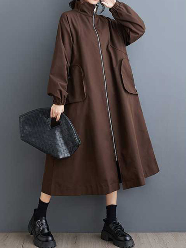Long Sleeves Loose Elasticity Pockets Split-Joint Zipper High Neck Outerwear Trench Coats