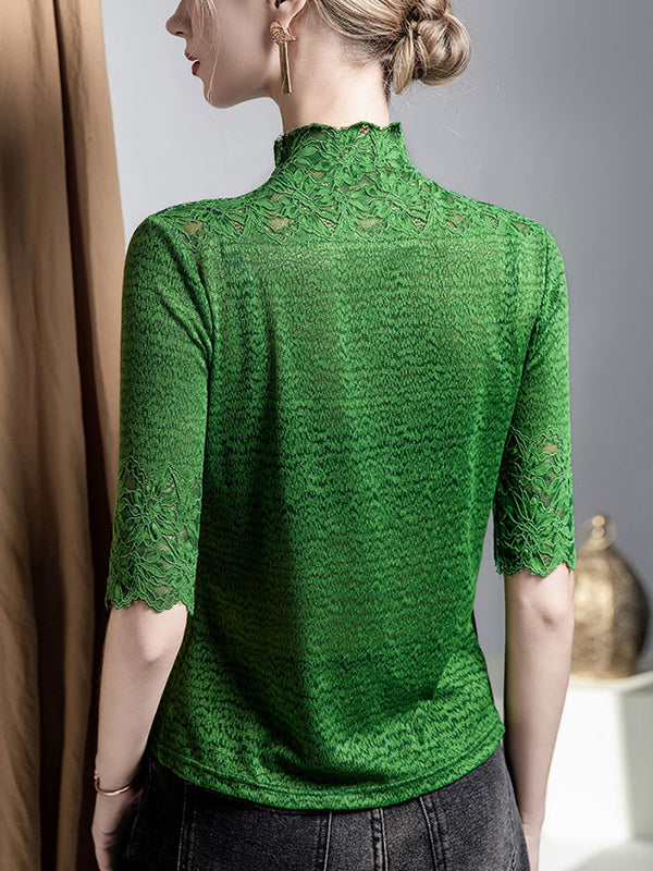 False Two Half Sleeves Slightly Sheer Split-Joint Textured High Neck T-Shirts Tops