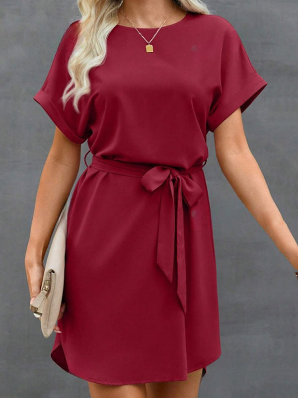 Loose Short Sleeves Solid Color Tied Waist Round-Neck Mini Dresses