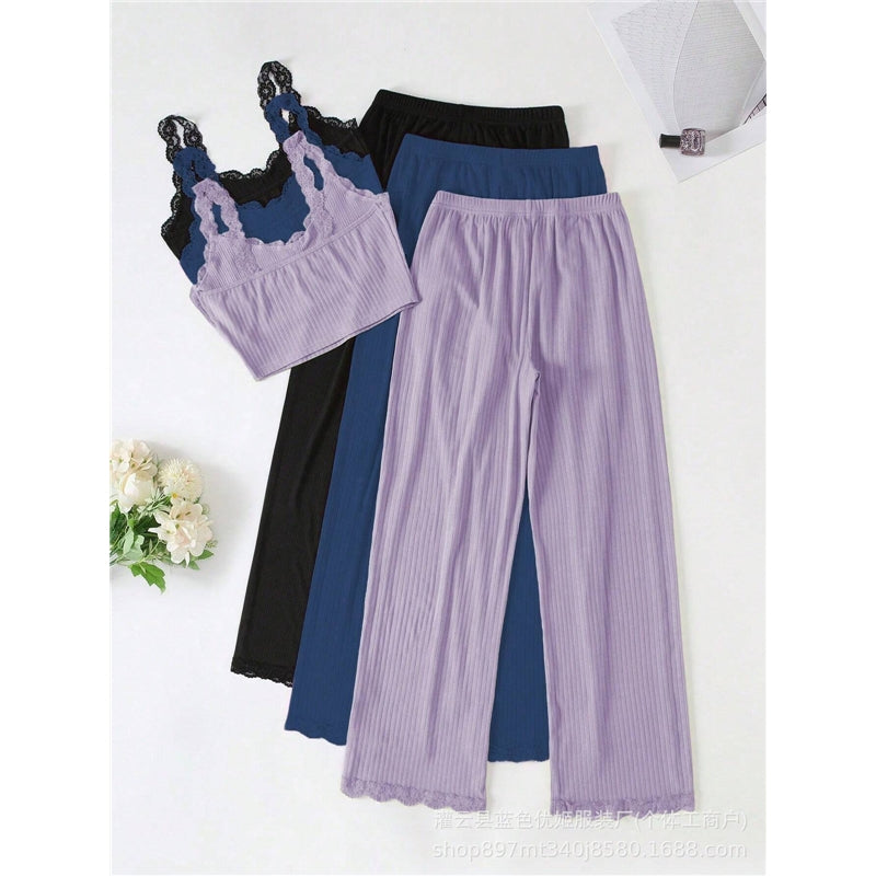 Women Fashion Solid Color Lace-Trimmed Crop Top Loose Pants Pajamas Two-Piece Set