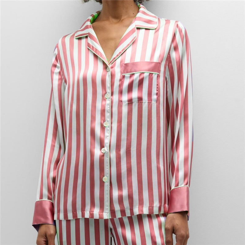 Women Fashion Casual Stripe Lapel Long Sleeve Top Loose Pants Pajamas Two-Piece Set