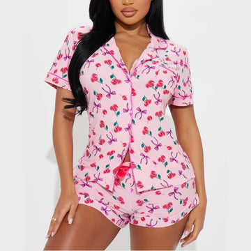 Women Fashion Casual Printed Lapel Short Sleeve Top Loose Shorts Pajamas Set