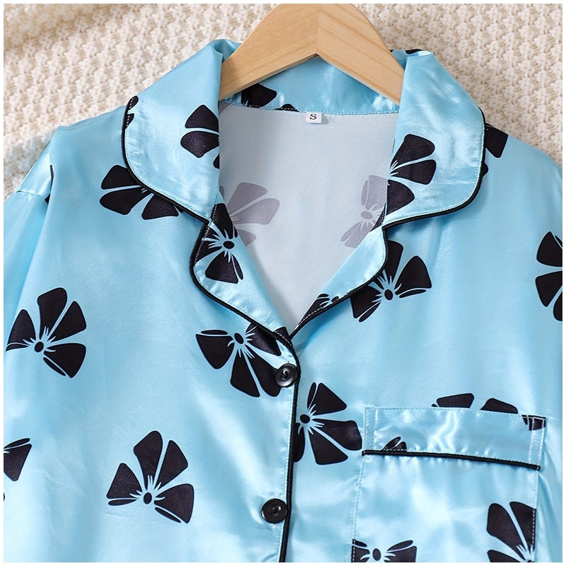 Women Fashion Bow Printed Pajamas Two-Piece Set