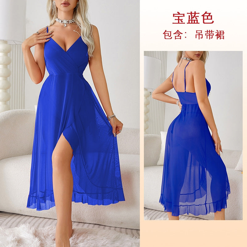 Women Fashion Sexy Solid Color Deep V Mesh Perspective Sling Sexy Pajamas