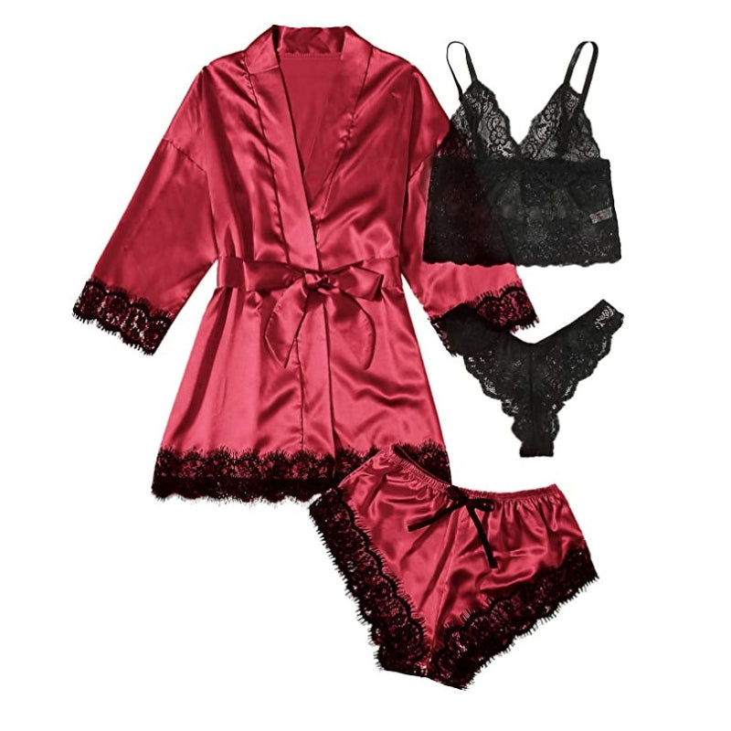 Sexy Women Lace Splicing Straps Long Sleeves Home Pajamas Four-Piece Set
