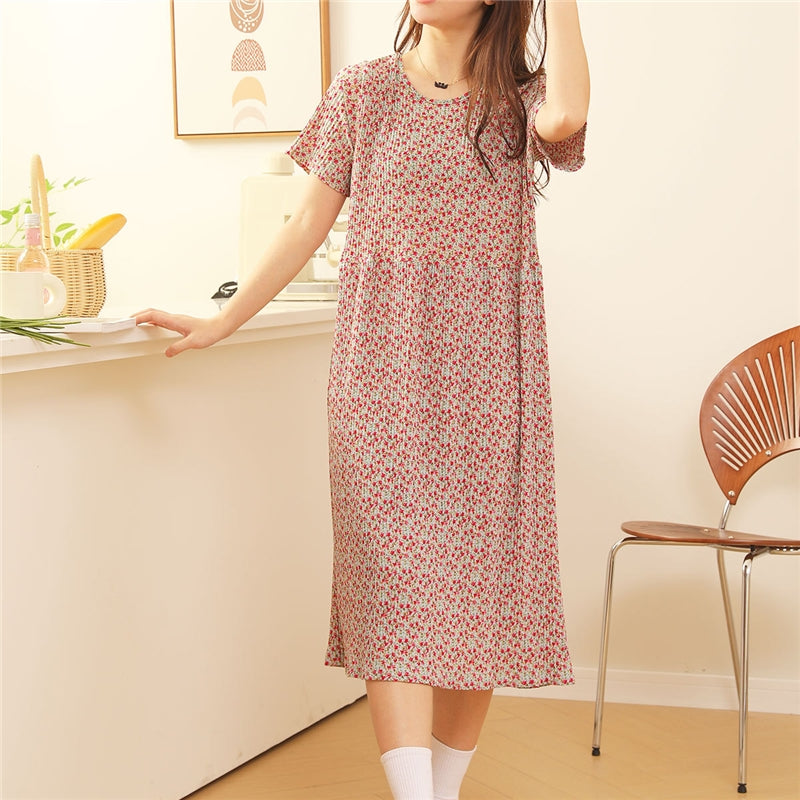 Women Fashion Casual Floral Printed Short Sleeve Loose Dress Pajamas