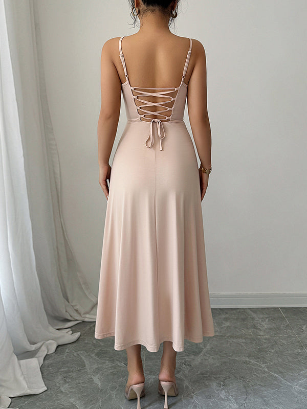 A-Line High Waisted Backless Pleated Solid Color Spaghetti-Neck Midi Dresses