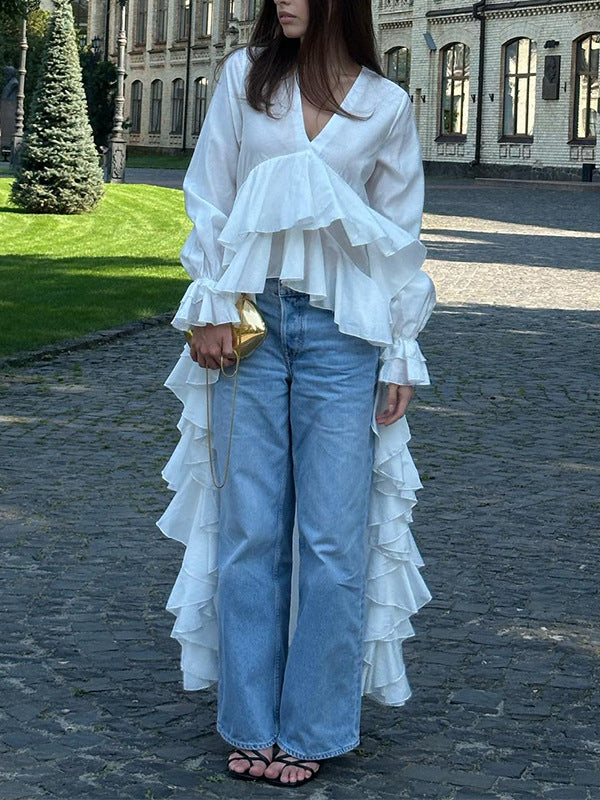 Flared Sleeves High-Low Elasticity Pleated Solid Color V-Neck Blouses&Shirts Tops