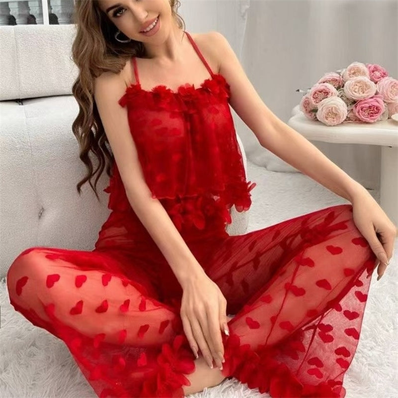 Women Fashion Sexy Solid Color Love Lace Perspective Camisole Loose Pants Pajamas Two-Piece Set
