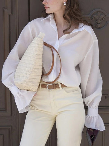 Loose Puff Sleeves Pleated Solid Color Split-Joint Lapel Blouses&Shirts Tops