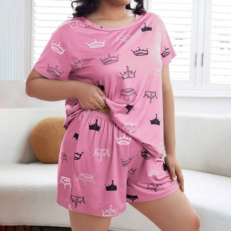 Women Fashion Casual Plus Size Printed T-Shirt Loose Shorts Pajamas Two-Piece Set