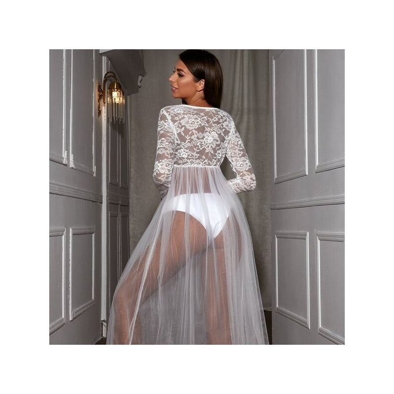 Women Fashion Sexy Lace Mesh Perspective Long-Sleeve Dress Pajamas