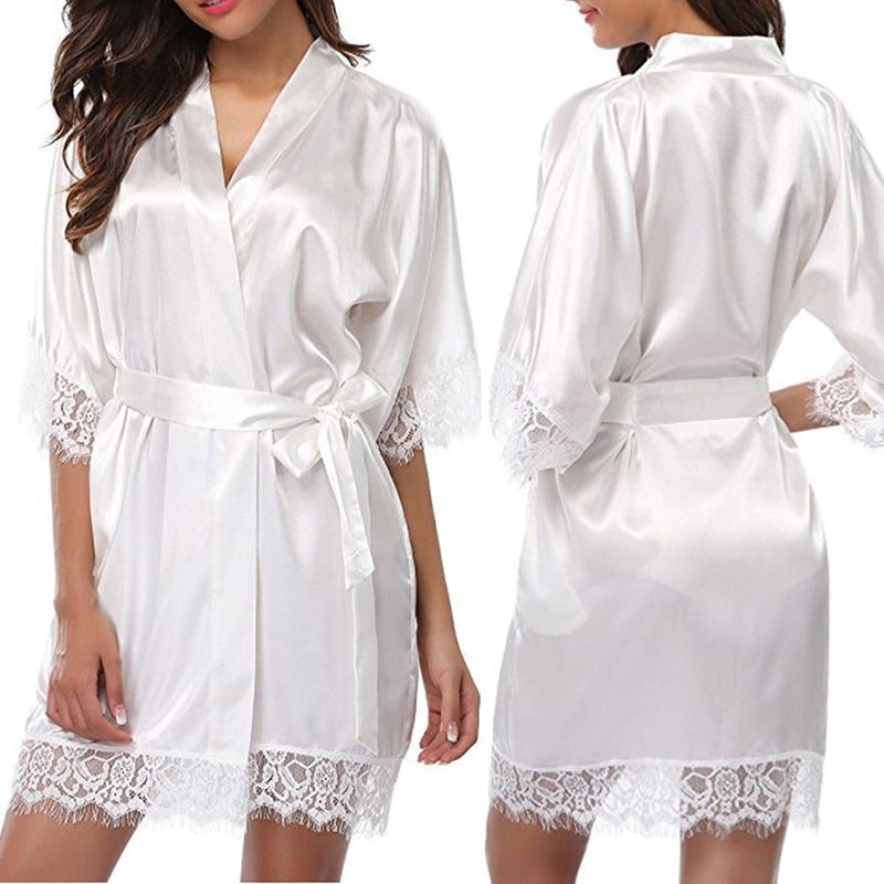 Women Fashion Sexy Solid Color Ice Silk Lace Splicing Lace-Up Pajamas
