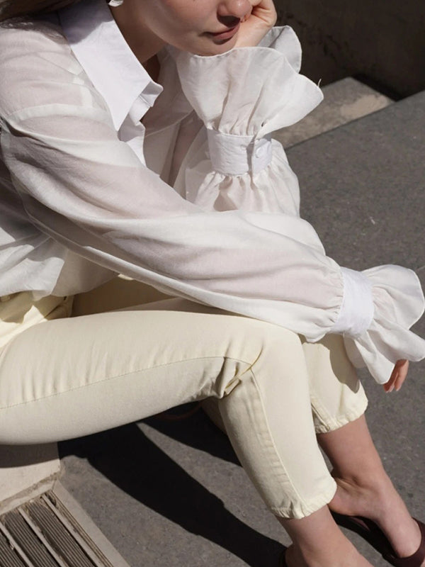 Loose Puff Sleeves Pleated Solid Color Split-Joint Lapel Blouses&Shirts Tops