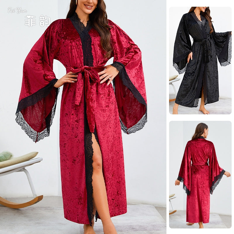 Women Fashion Sexy Lace V-Neck Lace Long Sleeve Velvet Nightgown