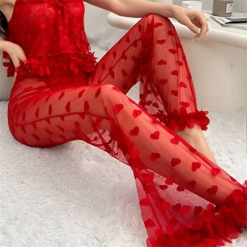 Women Fashion Sexy Solid Color Love Lace Perspective Camisole Loose Pants Pajamas Two-Piece Set
