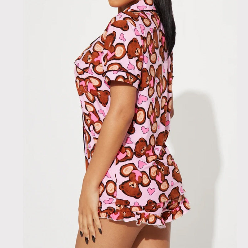 Women Fashion Casual Love Printed Laple Short-Sleeve Top Loose Short Pajamas Two-Piece Set