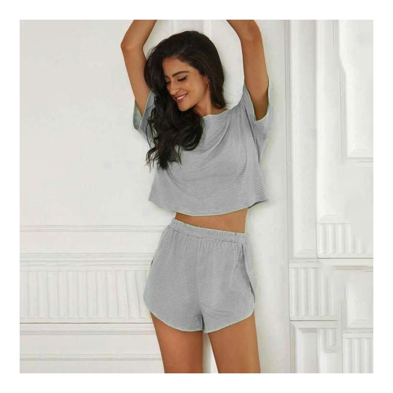 Women Fashion Casual Stripe Short-Sleeve T-Shirt Loose Shorts Pajamas Two-Piece Set
