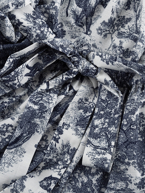 Loose Puff Sleeves Pleated Printed Split-Joint Tied Waist Lapel Mini Dresses Shirt Dress