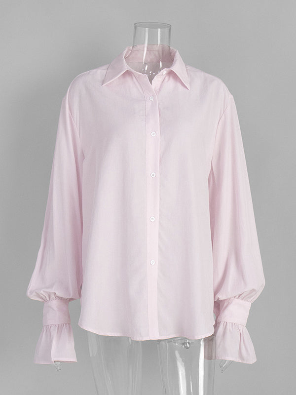 Loose Puff Sleeves Pleated Solid Color Split-Joint Lapel Blouses&Shirts Tops