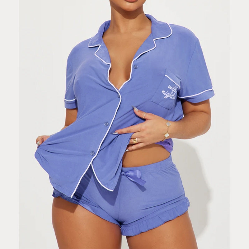 Women Fashion Casual Lapel Short Sleeve Pocket Top Letter Tight Shorts Pajamas Two-Piece Set