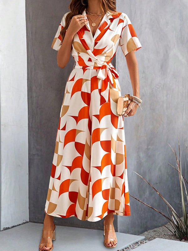 High Waisted Loose Buttoned Contrast Color Tied Waist V-Neck Jumpsuits