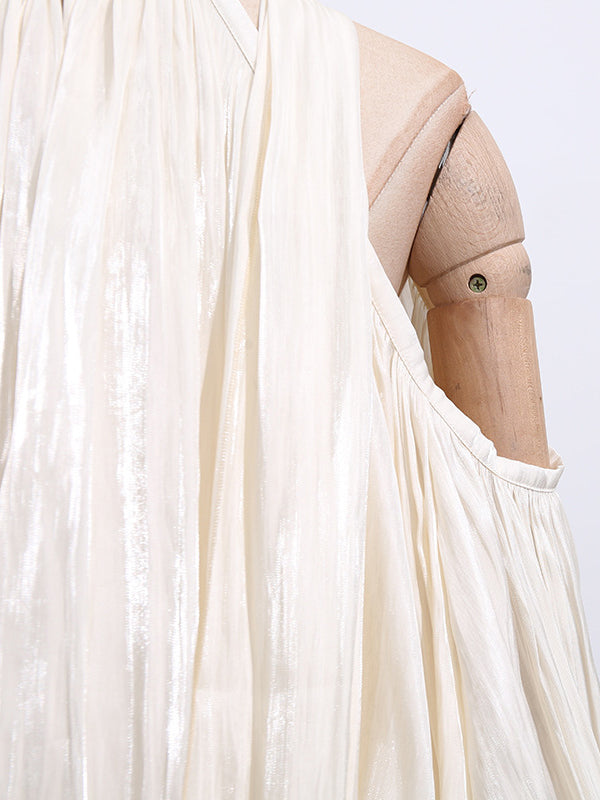 Long Sleeves Loose Pleated Solid Color Tied Halter-Neck Blouses&Shirts Tops