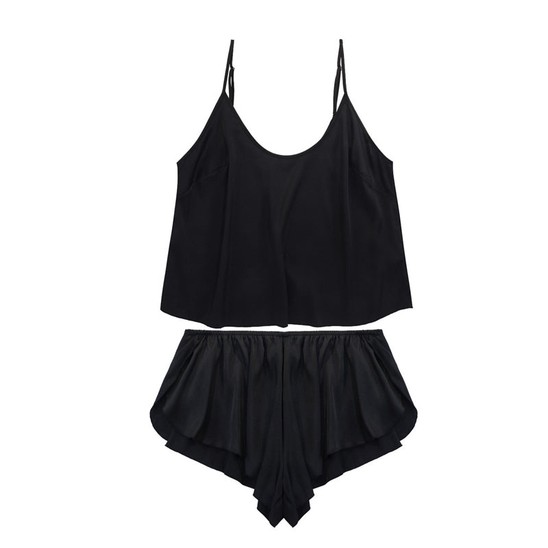 Women Fashion Sexy Solid Color Satin Silk Sleeveless Camisole Loose Shorts Pajamas Two-Piece Set