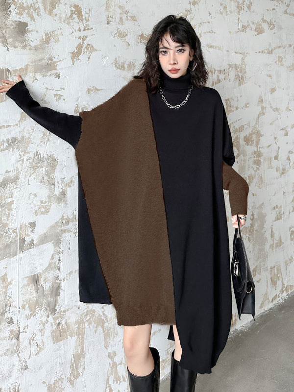 Batwing Sleeves Hipster Asymmetric Contrast Color Split-Joint High-Neck Midi Dresses Sweater Dresses