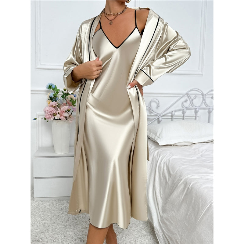 Women Fashion Solid Color Imitation Silk Spaghetti Strap Dress Long-Sleeve Lace-Up Coat Pajamas Two-Piece Set