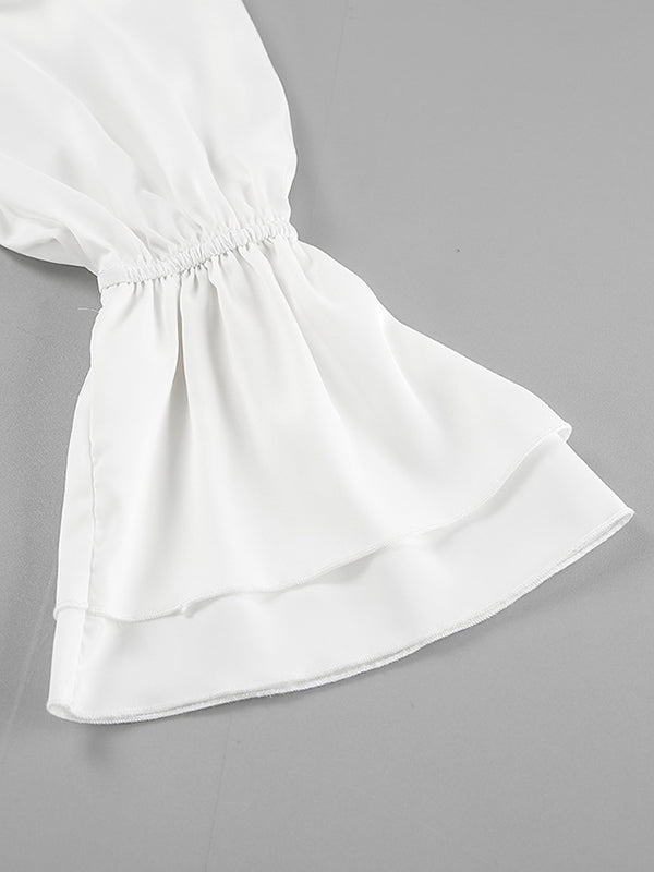 A-Line Flared Sleeves Buttoned Elasticity Pleated Solid Color Tied Zipper Stand Collar Mini Dresses