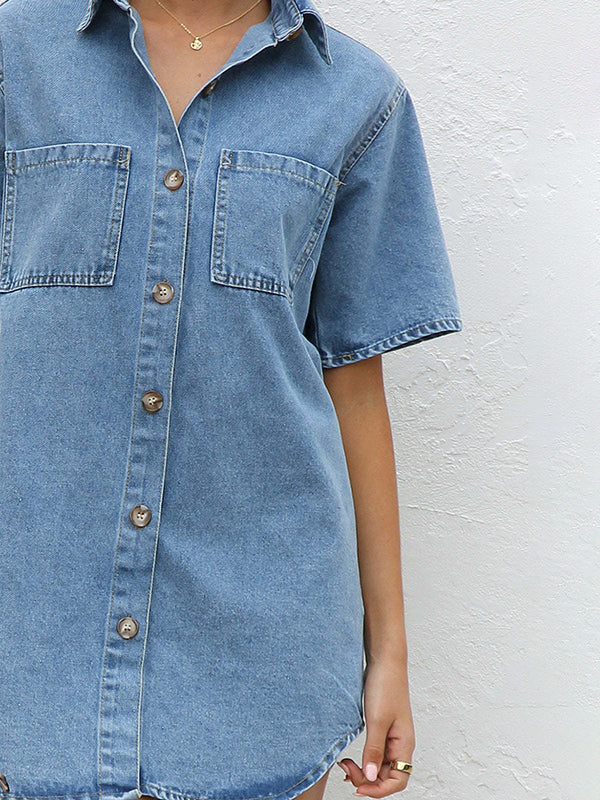 Loose Short Sleeves Split-Joint Lapel Mini Dresses Shirt Dress