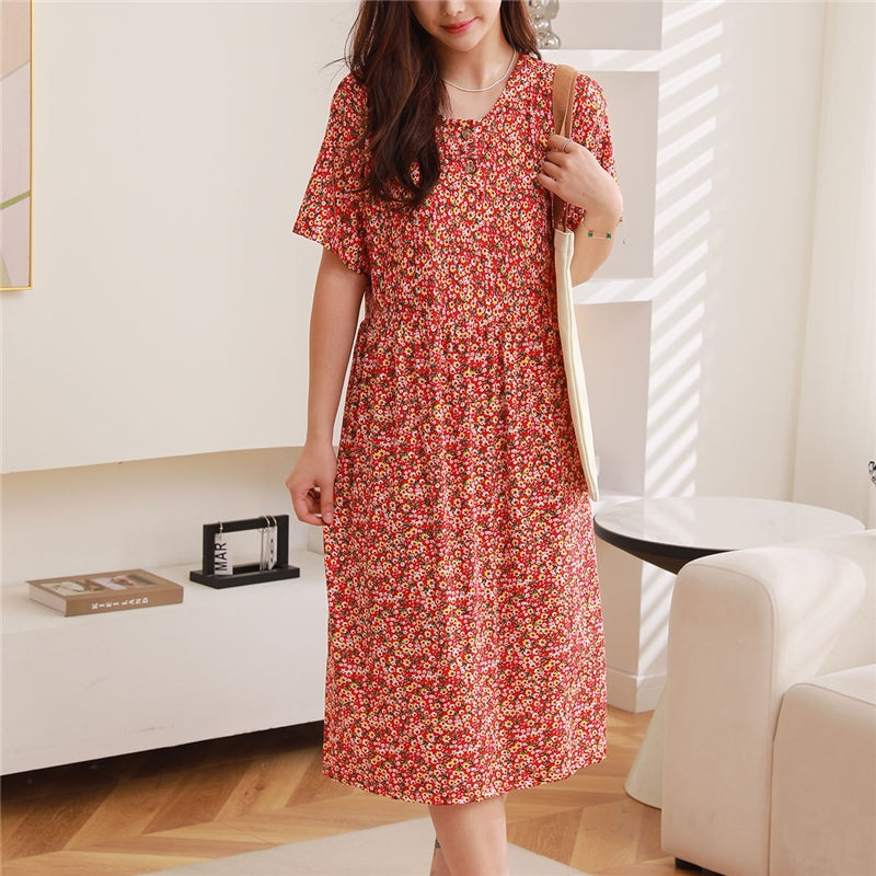 Women Fashion Casual Floral Printed Short Sleeve Loose Dress Pajamas