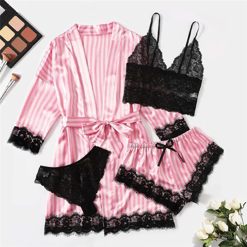 Sexy Women Lace Splicing Straps Long Sleeves Home Pajamas Four-Piece Set