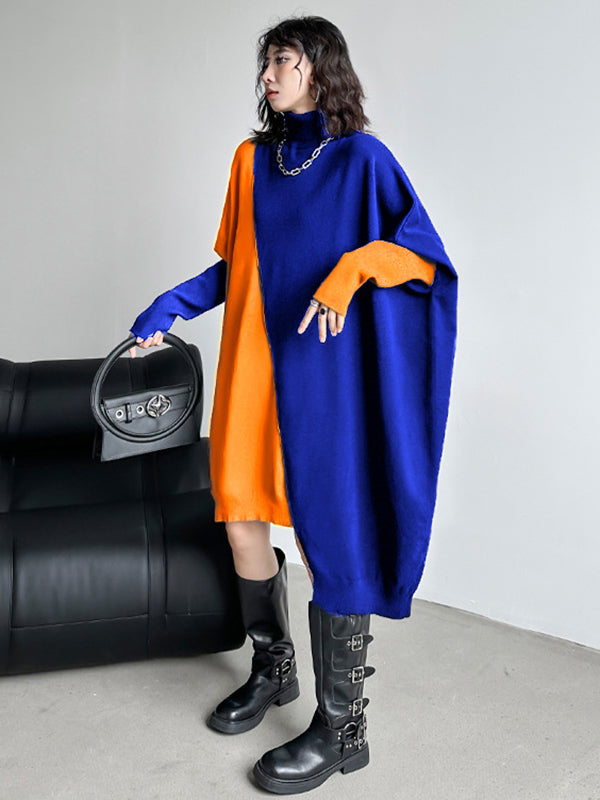 Batwing Sleeves Hipster Asymmetric Contrast Color Split-Joint High-Neck Midi Dresses Sweater Dresses