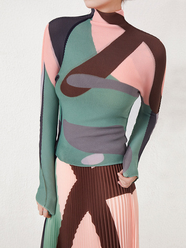 Long Sleeves Contrast Color Pleated Mock Neck T-Shirts Tops