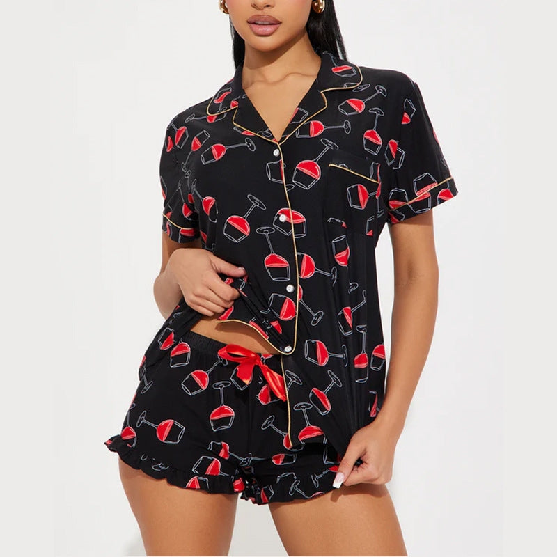 Women Fashion Casual Printed Lapel Short Sleeve Top Loose Shorts Pajamas Set