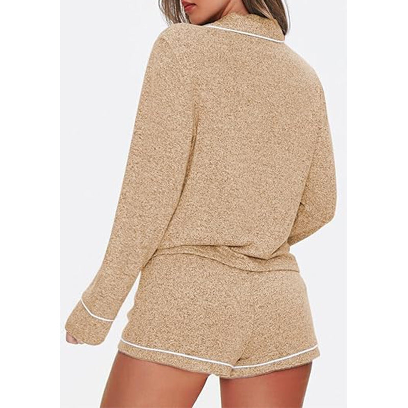 Women Fashion Casual Lapel Long Sleeve Pocket Top Drawstring Shorts Pajamas Two-Piece Set