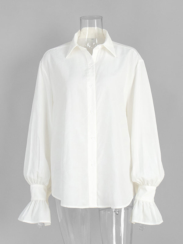 Loose Puff Sleeves Pleated Solid Color Split-Joint Lapel Blouses&Shirts Tops