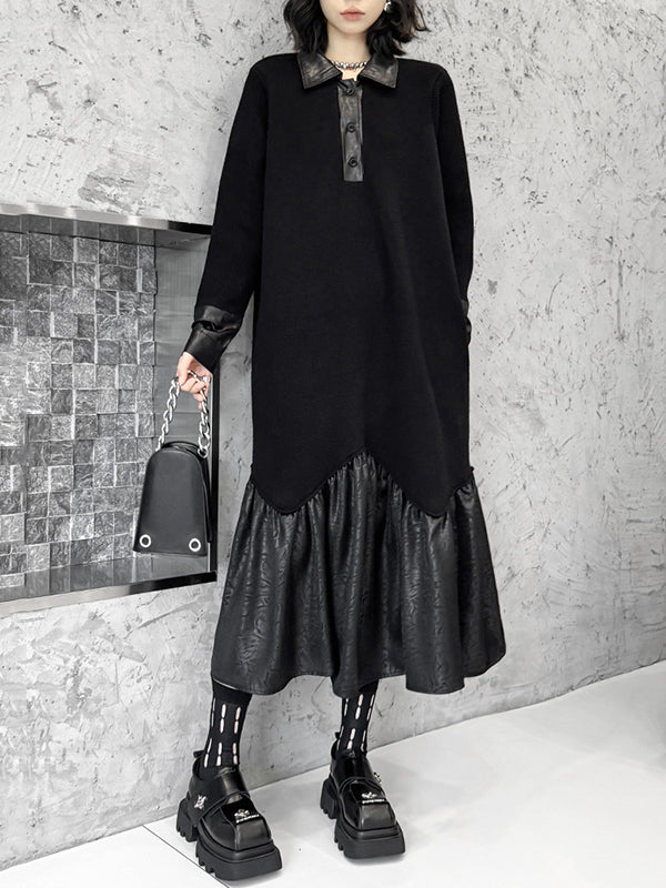 A-Line Long Sleeves Buttoned Split-Joint Polo Midi Dresses Sweater Dresses