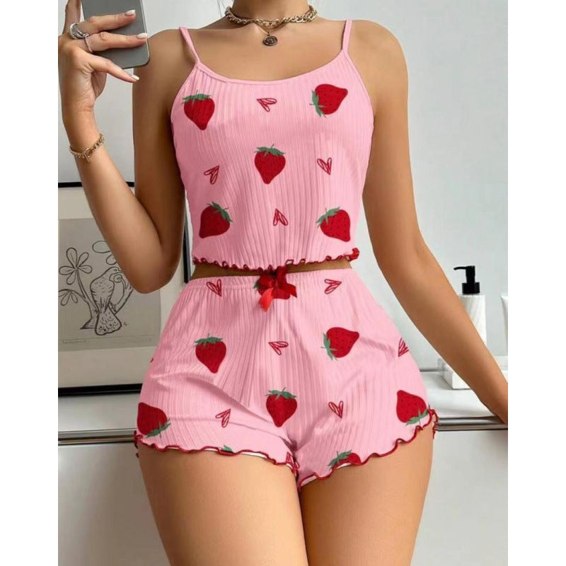 Women Fashion Cute Printed Camisole Loose Shorts Pajamas Two-Piece Set