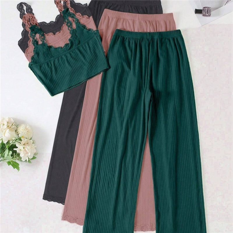 Women Fashion Solid Color Lace-Trimmed Crop Top Loose Pants Pajamas Two-Piece Set